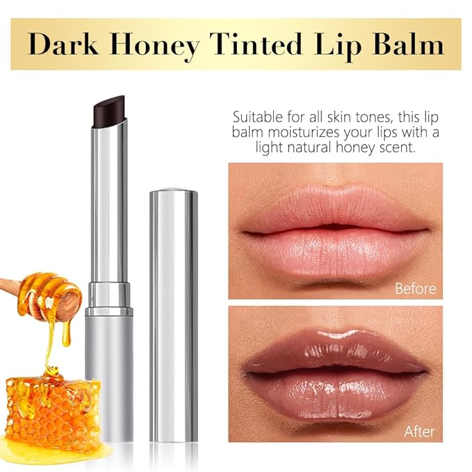 HHLTOH Dark Brown Honey Lipstick Tinted Butter Lip Balm for Women, Natural Sheer Moisturizing Nourishing Hydrating Brown Honey Shine Lipstick Tinted Lip Stain Gloss with a Hint of Natural Cherry Vegan