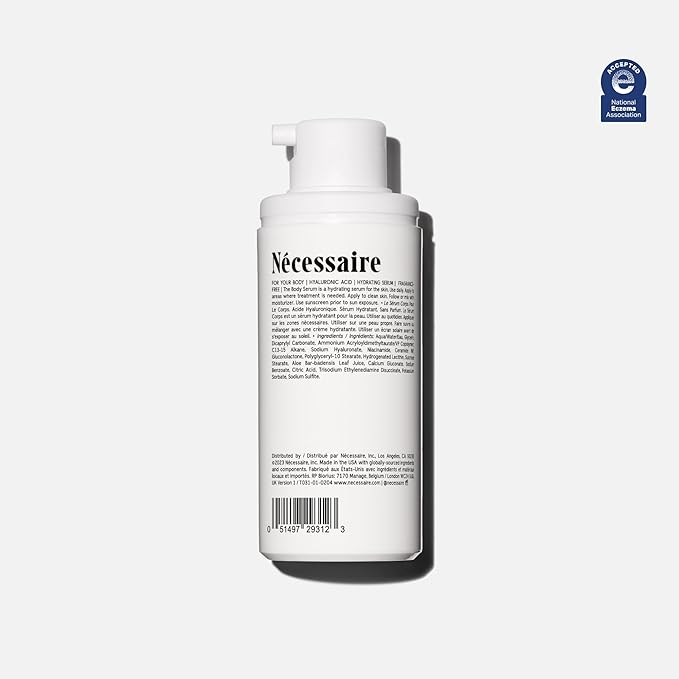 Nécessaire The Body Serum – Fragrance-Free Hyaluronic Acid Body Serum for Women+ Men. Niacinamide Firming Body Lotion – Fast-Absorbing for Sensitive + Eczema-Prone Skin. 50 ml/1.7 fl oz