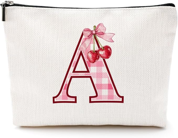 CQM Initial Makeup Bag Monogram Cosmetic Bag Monogrammed Gifts for Women Girls Friends Coworker Teacher Personalized Travel Toiletry Bag Christmas Bridal Shower Wedding Bridesmaid Gifts, Cherry A