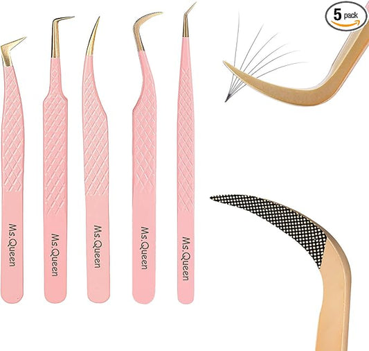 Ms.Queen Lash Tweezers For Eyelash Extensions,5Pcs Professional Fiber Tip Grip Curved 45 90 Degree Boot Volume Tweezers Set