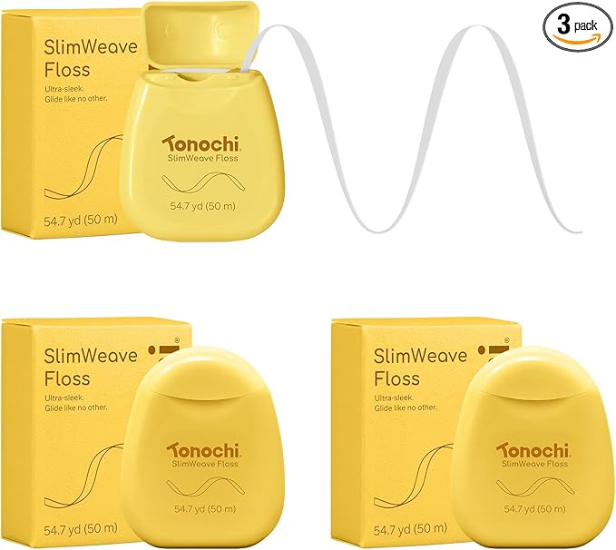 Tonochi SlimWeave Flat Dental Floss for Tight Teeth & Tight Spaces – Extra Thin, Smooth-Glide, Gentle on Gums, Mint + Xylitol, 3-Pack (50 m Each)