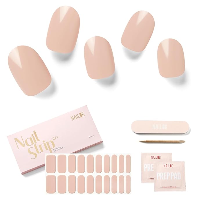 NAILOG Semi Cured Gel Nail Strips, 20 Pcs Nude Beige Long Lasting Stickers Extra Long Nail Wraps with Glossy Gel Finishing for Spring Summer, in The Nude