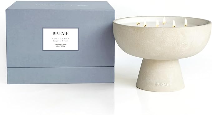 Blueme Nostalgia Candle | Bergamot & Musk | 6 Wick - Refillable Wellness Candle with Essential Oils, Hand Finished & Poured Soy Wax Blend Ceramic Vessel, Natural Cotton Wicks | Giant 45 oz