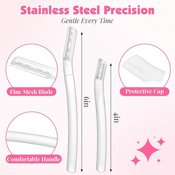 32 Count Face Razors for Women – Dermaplane Razors & Eyebrow Razor Set, 24 Long + 8 Short Precision Blades, Facial Razor for Peach Fuzz, Hair Removal & Gentle Exfoliation (Clear)