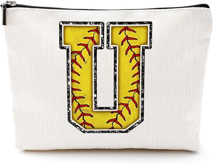 CQM Softball Gifts Initial Makeup Bag Monogrammed Cosmetic Bag Yellow Letter U Zipper Pouch Softball Accessories for Girls Women Player Coaches Friend Graduation Birthday Gifts