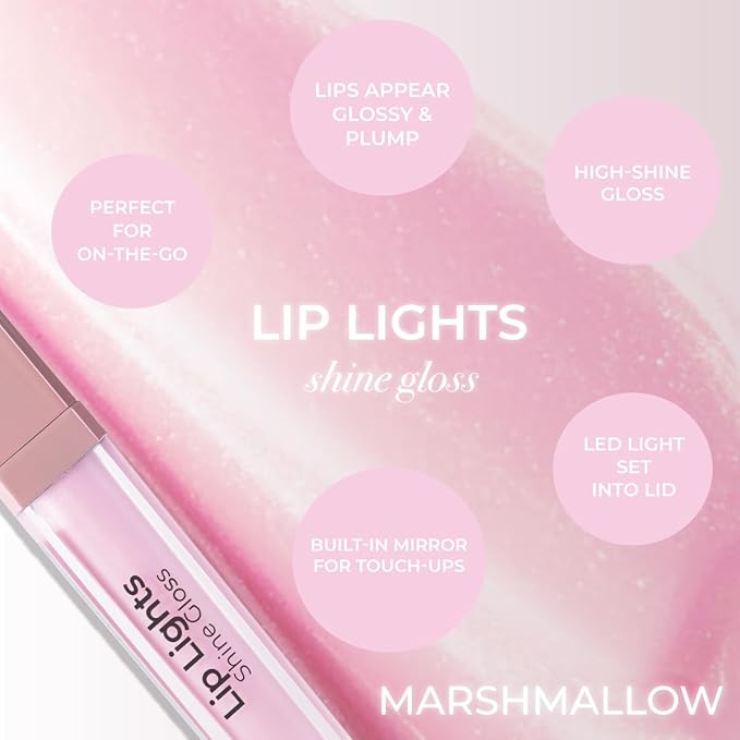 MCoBeauty - Lip Lights Shine Gloss - Marshmallow Lip Gloss - High Shine Glass-Like Finish with Built-In LED Light & Mirror - Moisturising Lightweight - Face Makeup