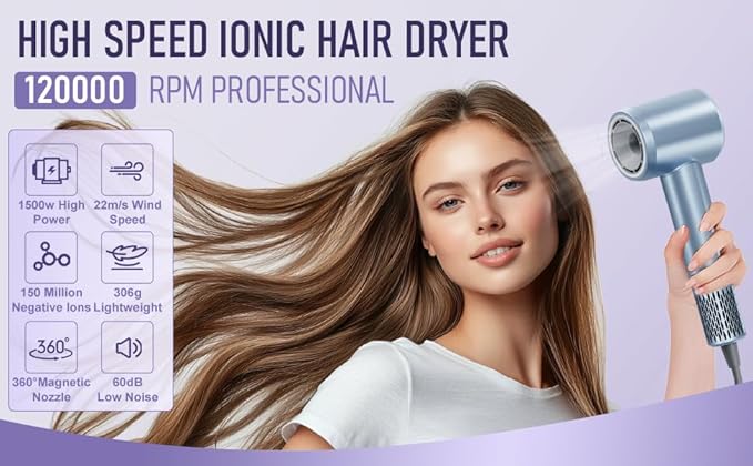 Professional High Speed Ionic Hair Dryer | 130000RPM Blow Dryer for Women | 120M Negative Ions | Low Noise Mini Lightweight Dryer with Magnetic Attachments Fast Drying All Hair Types