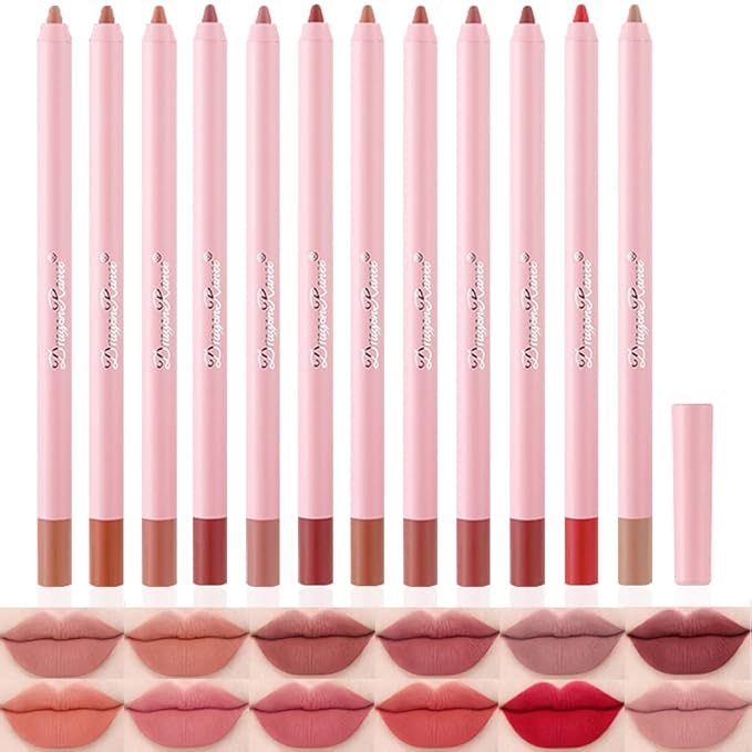 Matte Lip Liner Pencil Set,12 Colors Natural Nude to Dark Waterproof Long Lasting No Fade Soft Pencils Lipstick Makeup Gift Set for Daily Travel Party Work (A)