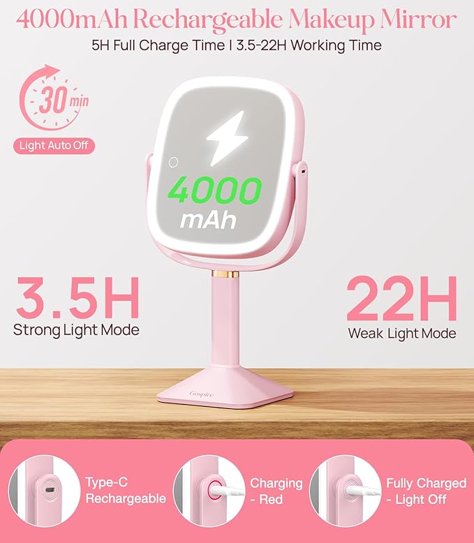 Gospire Rectangle Lighted Makeup Mirror with Lights 3 Color, Height Adjustable and 1X/10X Magnifying, 4000mAh Rechargeable Battery for Bedroom, 8.5”x7.4” Large Surface, Stepless Dimming - Pink