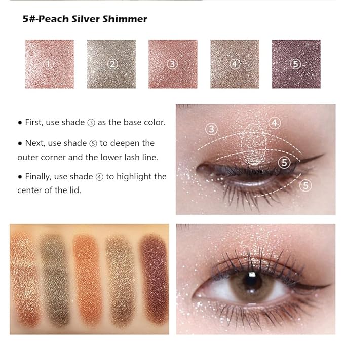 Shimmer Glitter Eyeshadow Palette 5 Colors Peach Champagne Silver and Taupe Brown Nude Eyeshadow High Pigment Long Lasting Blendable Neutral Glam Eye Makeup for Party or Daily Look, 5#