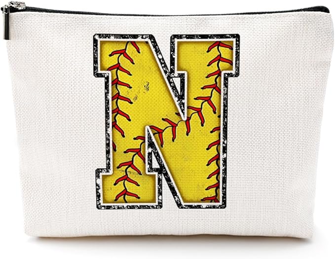 CQM Softball Gifts Initial Makeup Bag Monogrammed Cosmetic Bag Letter N Zipper Pouch Softball Accessories for Girls Women Player Coaches Friend Graduation Birthday Gifts