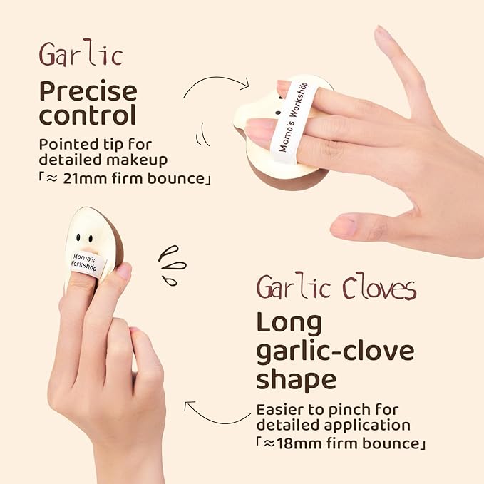 Momo's Workshop 3-Pack Garlic Shape Makeup Puffs, High-Density Rubycell for Oil Control & Full Coverage, Firm PU Leather Backing for Flawless Cream Skin Finish, for Liquid & Cream Makeup