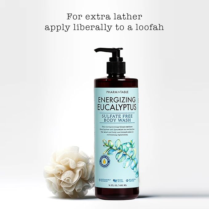 PHARM TO TABLE Energizing Eucalyptus Body Wash for Women and Men - Energizes and Revitalizes the Skin, Sulfate Free, 100% Cruelty Free, 480ml
