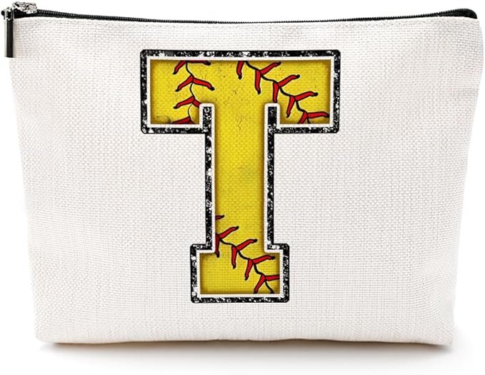 CQM Softball Gifts Initial Makeup Bag Monogrammed Cosmetic Bag Letter T Zipper Pouch Softball Accessories for Girls Women Player Coaches Friend Graduation Birthday Gifts