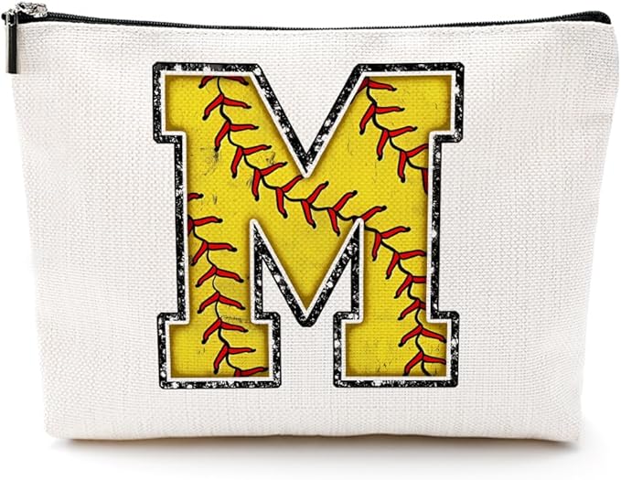 CQM Softball Gifts Initial Makeup Bag Monogrammed Cosmetic Bag Letter M Zipper Pouch Softball Accessories for Girls Women Player Coaches Friend Graduation Birthday Gifts