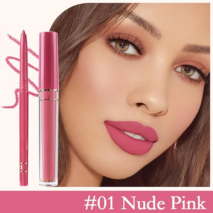 evpct 2Pcs Nude Pink Matte Lip Liner and Lipstick Lip Gloss Stains Pencils Set for Women Long Lasting Waterproof