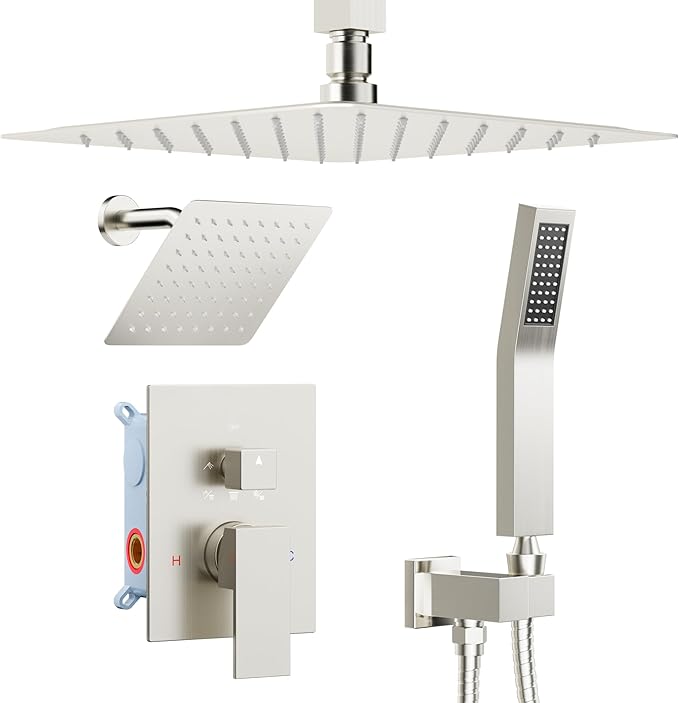Rain Shower System Brushed Nickel, STARBATH 12+6" Double Rain Shower Head and Handheld Spray for Two Person, Ceiling Mount 3 Way Shower Faucet Set with 5 Diverter Valve and Trim Kit Complete