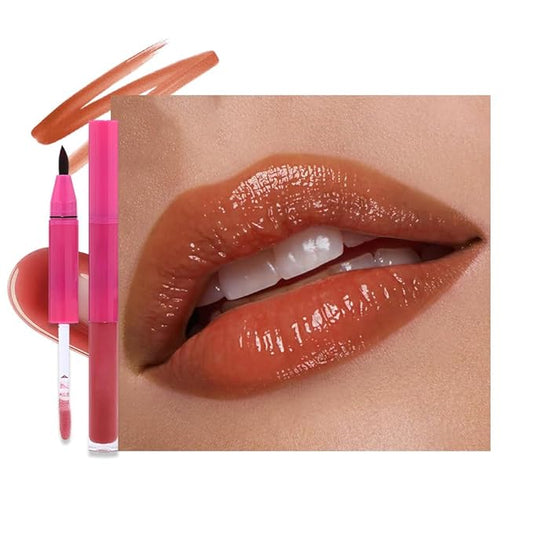 evpct ‌Red Brown Matte Liquid Lipstick Marker Pen Lip Liner Set with Glitter Lip Oil, 2 in 1 Lipgloss Lipstick Long Lasting Waterproof for Women, Longwear Lips Stain 24hr Original Smudge Proof labial