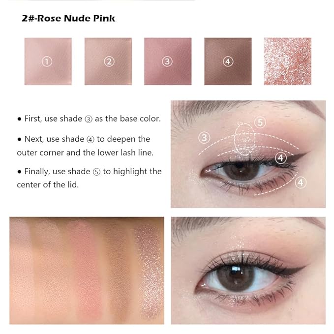 Rose Nude Eyeshadow Palette, 5 Colors Pink Brown Matte and Rose Gold Shimmer, Soft Glam Neutral Shades with Mauve Tones, Highly Pigmented Long Lasting Blendable for Daily Natural Makeup, 2#