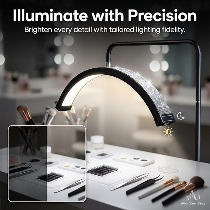 Bling Half Moon Lash Light | Dimmable LED Diamond Esthetician Light for Eyelash Techs - LED Floor Lash Lamp with Adjustable Height, Touch Control & Stable Base | Warm & Cool Tones | Black