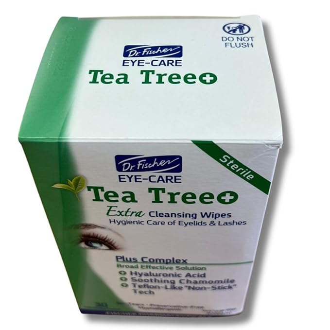 Dr. Fischer Tea Tree Oil Eye Wipes - Eyelid Wipes for Sensitive Eyes with Hyaluronic Acid and Chamomile, Makeup Remover, Daily Cleanser (60 wipes)