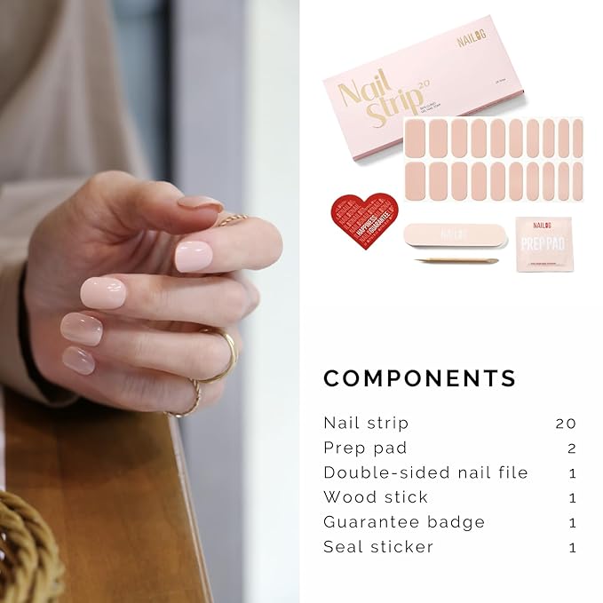 NAILOG Semi Cured Gel Nail Strips, 20 Pcs Nude Beige Long Lasting Stickers Extra Long Nail Wraps with Glossy Gel Finishing for Spring Summer, in The Nude