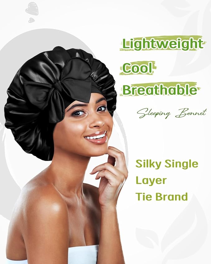 BONNET QUEEN Silk Bonnet for Sleeping Women Satin Bonnet Night Sleep Cap Hair Wrap for All Hair with Adjustable Tie Band,Black