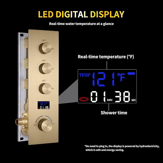 AYIVG Brushed Gold Thermostatic Rainfall Shower System 12 Inch And 8 Inch Dual Square Shower Head System Ceiling Mount Temperature Display Shower Faucet Set With Handled Spray