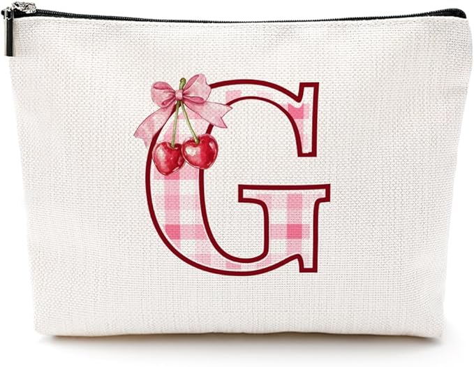 CQM Initial Makeup Bag Monogram Cosmetic Bag Monogrammed Gifts for Women Girls Friends Coworker Niece Personalized Travel Toiletry Bag Christmas Bridal Shower Wedding Bridesmaid Gifts, Cherry G