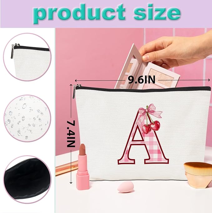CQM Initial Makeup Bag Monogram Cosmetic Bag Monogrammed Gifts for Women Girls Friends Coworker Teacher Personalized Travel Toiletry Bag Christmas Bridal Shower Wedding Bridesmaid Gifts, Cherry A