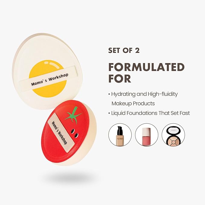 Momo's Workshop Sun Egg Makeup Sponge Puff & Tomato Makeup Sponge Set - 2PC Medium Bounce Rubycell Foundation Puffs for Creamy Finish, Quick Blending, Comfortable for All Skin Types & Storage Case