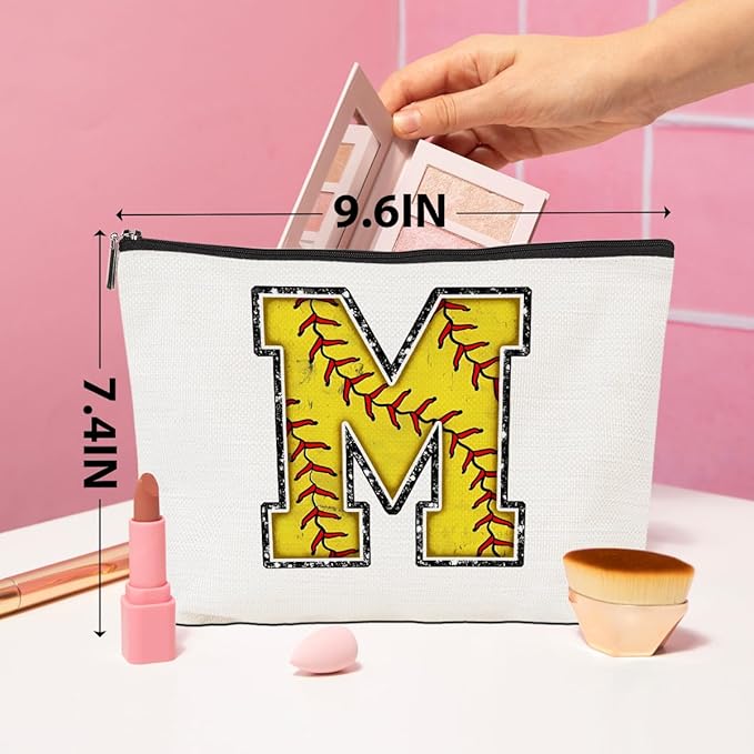 CQM Softball Gifts Initial Makeup Bag Monogrammed Cosmetic Bag Letter M Zipper Pouch Softball Accessories for Girls Women Player Coaches Friend Graduation Birthday Gifts