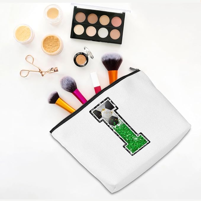 CQM Soccer Gifts Initial Makeup Bag Monogrammed Cosmetic Bag Letter I Zipper Pouch Soccer Accessories for Girls Women Player Coaches Friend Graduation Birthday Gifts
