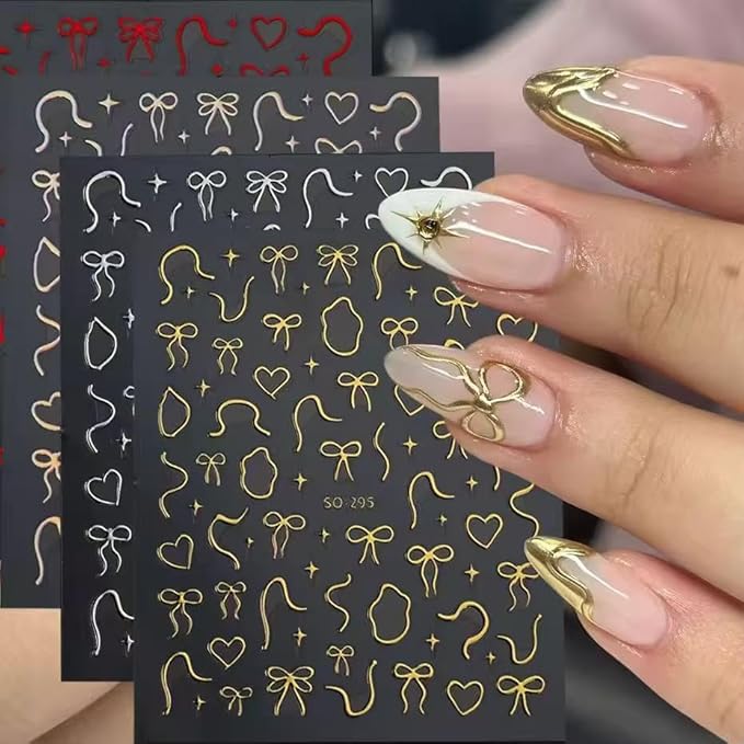 12 Sheets Bow Nail Stickers for Nail Art Glitter 3D Self Adhesive Red Gold Bows Nail Decals Aurora Cute Nail Art Stickers for Women Girls Manicure Decorations