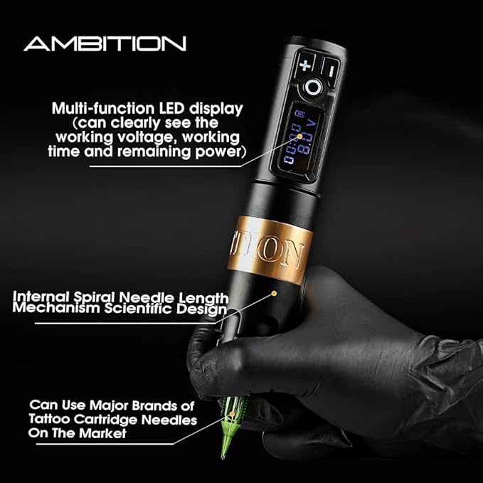 Ambition Soldier Rotary Battery Pen Tattoo Cartridge Machine with 2400mAh Wireless Power Japan Coreless Motor Digital LED Display Tattoo Equipment Supply for Professionals and Beginners Tattoo Artists