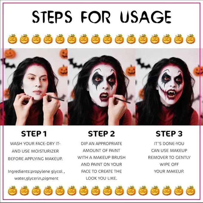 3 Color water-based Face Body Paint Set （Black + White + Red )with Brushes Kits Non-Toxic Easy Washable ,for Adults Halloweens Partys Cosplays Joker Zombie Vampire SFX Art Stage Makeup Adults