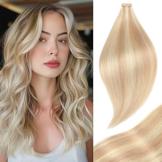 Human Hair Tape in Extensions Ash Blonde Highlighted Bleach Blonde 16 Inch 20pcs Tape in Hair Extensions Straight Double Sided Remy Invisible Tape in Hair Extensions Human Hair (P18K/60#,16 Inch)