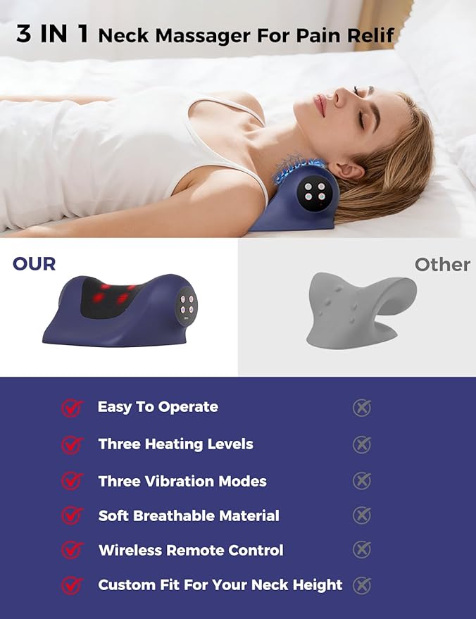 Heated Neck Stretcher for Pain Relief,Cervical Traction Device,3 Vibration Modes Portable Wireless Neck and Shoulder Relaxer Hump Corrector Pillow for TMJ Pain Relief and Cervical Spine Alignment