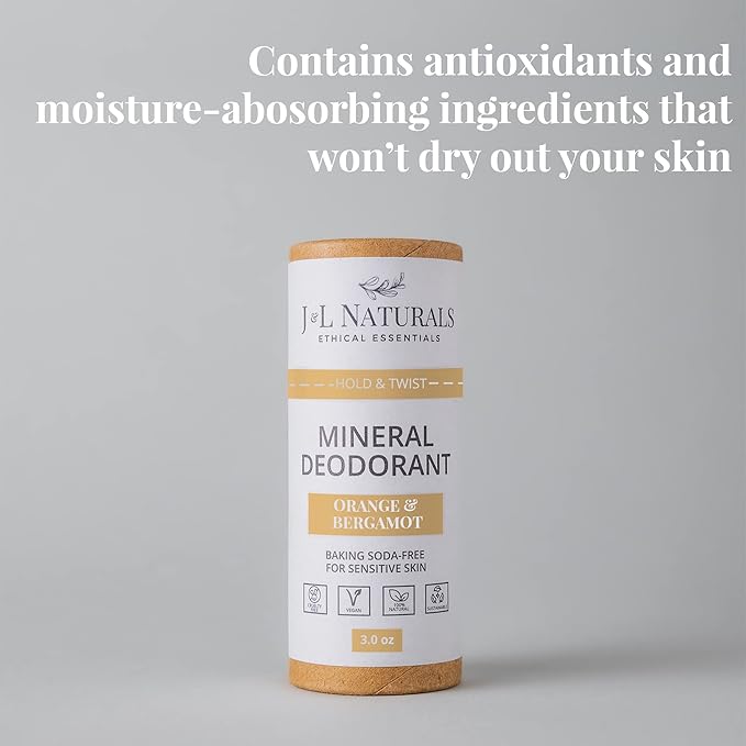J&L Naturals Mineral Deodorant | Baking Soda-Free, 100% Natural, Sustainable Skin Care | Sensitive Deodorant For Women & Men | Aluminum Free, Vegan, Cruelty-Free (Orange & Bergamot, 3 Oz (Pack of 1))
