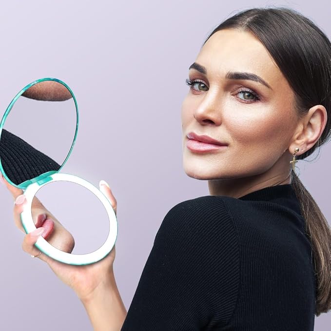 Fancii Taylor LED Lighted Travel Makeup Mirror, Rechargeable, 10x /1x Magnifying, Tru-Glow Lighting System, XL Large 5” Wide | Compact Mirror for Purses (Sea Serenity)
