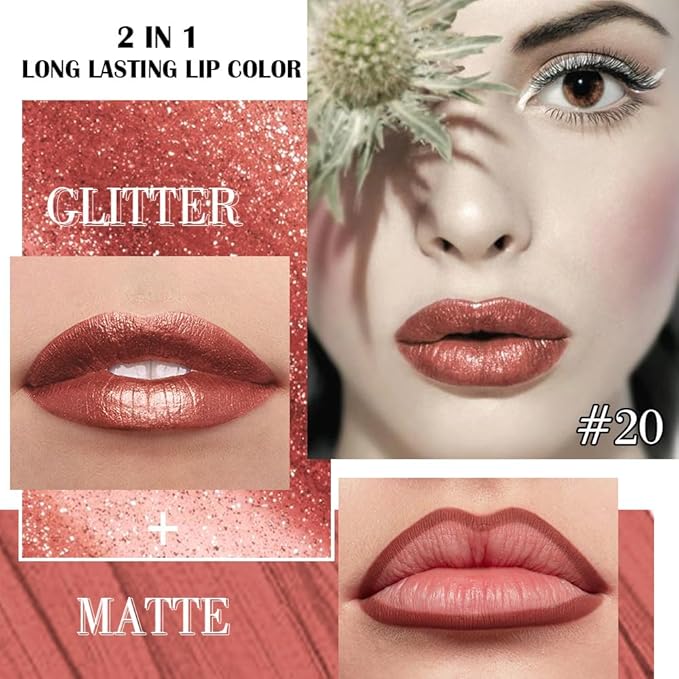 evpct Copper Metallic Glitter Lip Liner and Lipstick Combo Lip Gloss Stain Set Makeup for Women Long Lasting Waterproof 24, Bronze Gold Mocha Metallic Shimmer Frosted Iridescent Glossy Liquid Lipstick