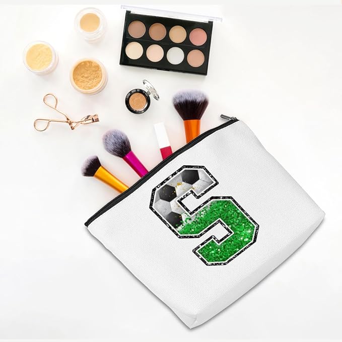 CQM Soccer Gifts Initial Makeup Bag Monogrammed Cosmetic Bag Letter S Zipper Pouch Soccer Accessories for Girls Women Player Coaches Friend Graduation Birthday Gifts