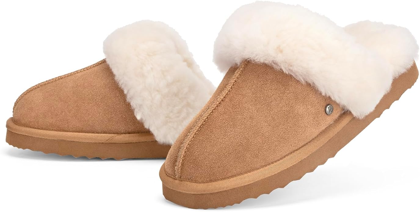 Parfeying Women's Shearling Slippers Genuine Leather with Rubber Sole, Sheepskin Fuzzy Indoor Outdoor Shoes for Home