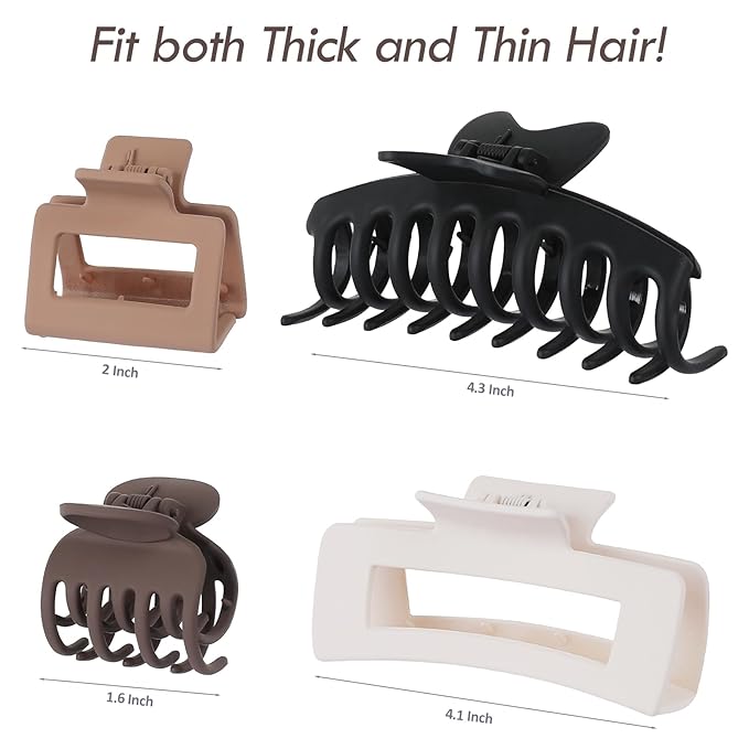 8 Pcs Large, Medium and Small Hair Accessories for Women and Girls - Thick and Thin Hair Clips in 4 Styles: Claw, Rectangle, Square, Butterfly (Brown)