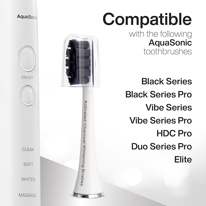 AquaSonic 2-Pack Activated Charcoal Brush Heads - Ultra Whitening Brush Heads - 2X Whitening & Stain Remover - for Black Series, Black Series Pro, Vibe Series, Duo Pro Series (White)
