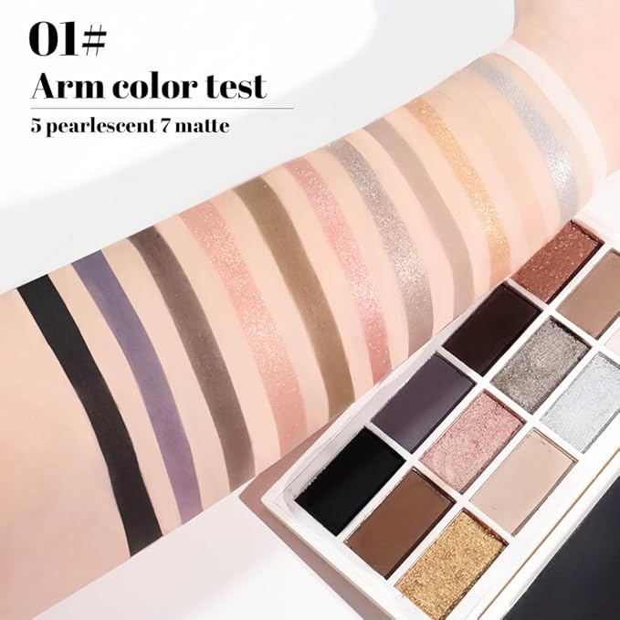 12 Colors Matte Shimmer Eyeshadow - Cool-toned Eyeshadow Palette, Long-Lasting Waterproof Crease-Proof Pigmented, Built-In Mirror, Vegan Cruelty-Free for Daily & Glam Makeup Looks 01#