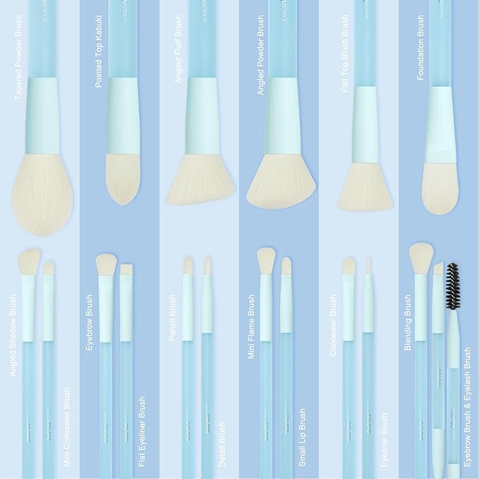 LULUCOLORS 18-Piece Light Blue Professional Makeup Brush Set – Translucent Rubberized Handles, Soft Synthetic Bristles for Face & Eye Makeup – Includes Travel Bag & Sponges,Complete Brush Collection