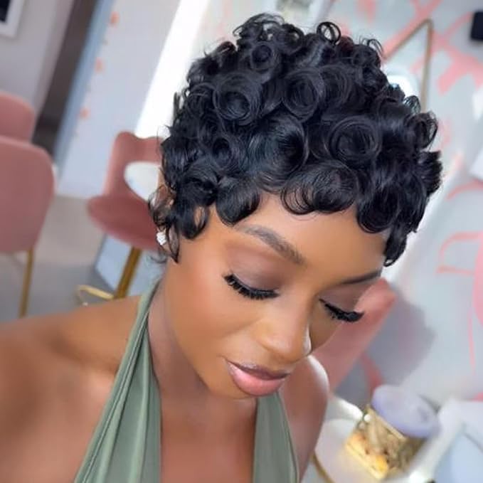 Short Curly Wig Human Hair for black women Short Layered Pixie Wigs Brazilian Virgin Curly Wavy Haircut Glueless pixie cut wig With Bangs Natural Black Color for Daily Use