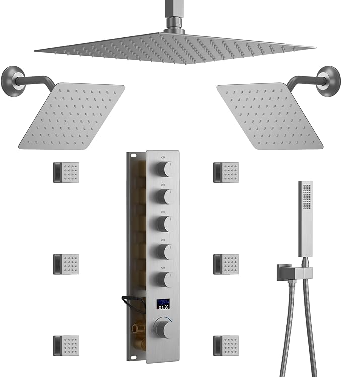 WHSHOWER Brushed Nickel Shower System with 12+8+8" Three Top Shower Heads, Full Body Shower System with Temperature Display,Handheld Sprayer and Body Jets Shower Set