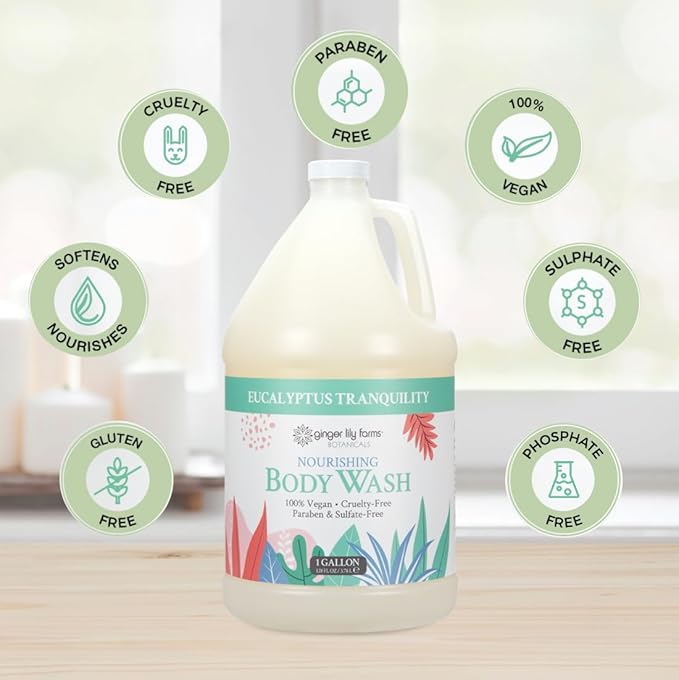 Ginger Lily Farms Botanicals Nourishing Body Wash, Eucalyptus Tranquility, 100% Vegan & Cruelty-Free, 1 Gallon (Pack of 4)